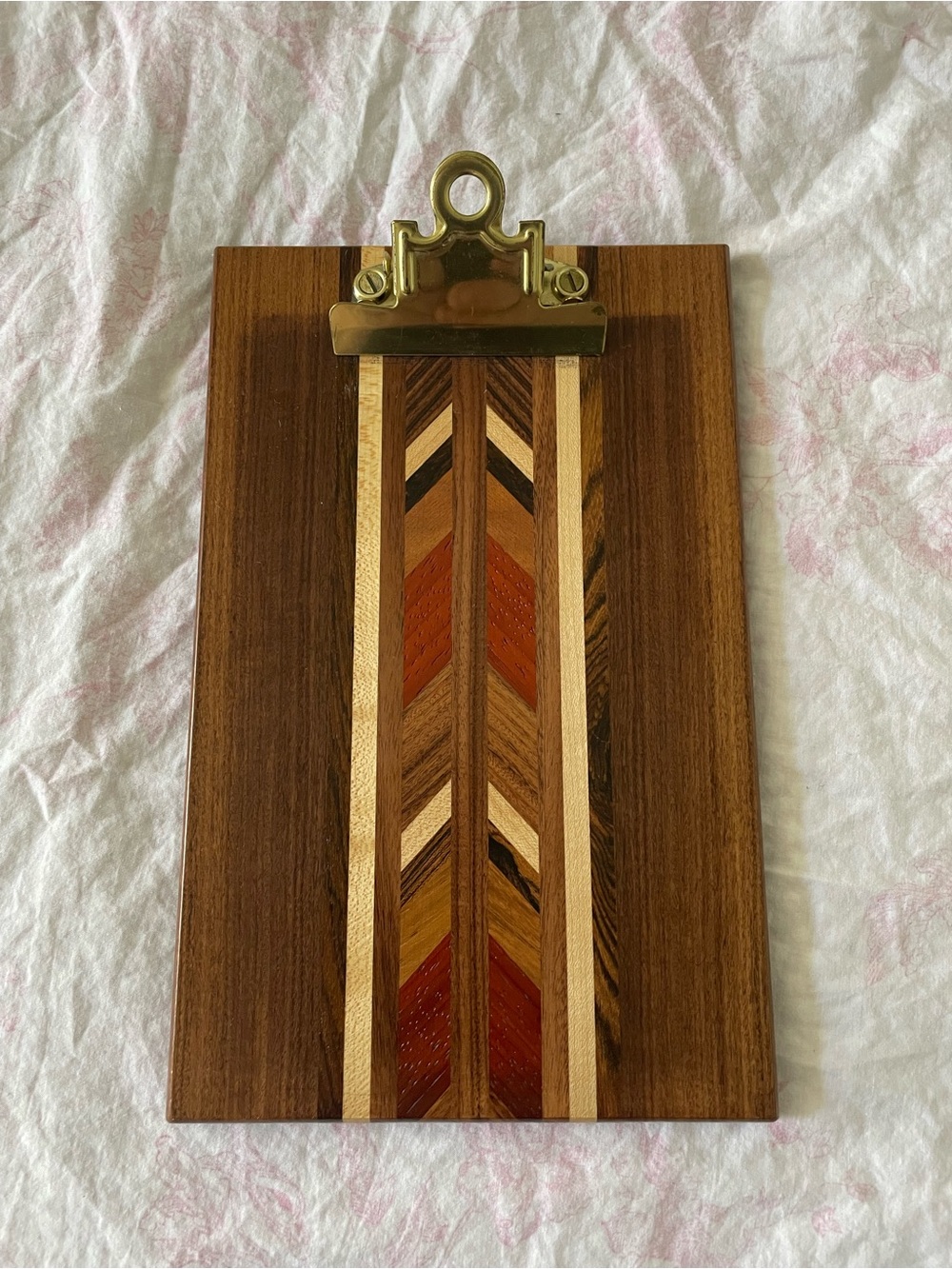 Natural Wood Clipboard with Inlay Chevron Design - Brass Clip